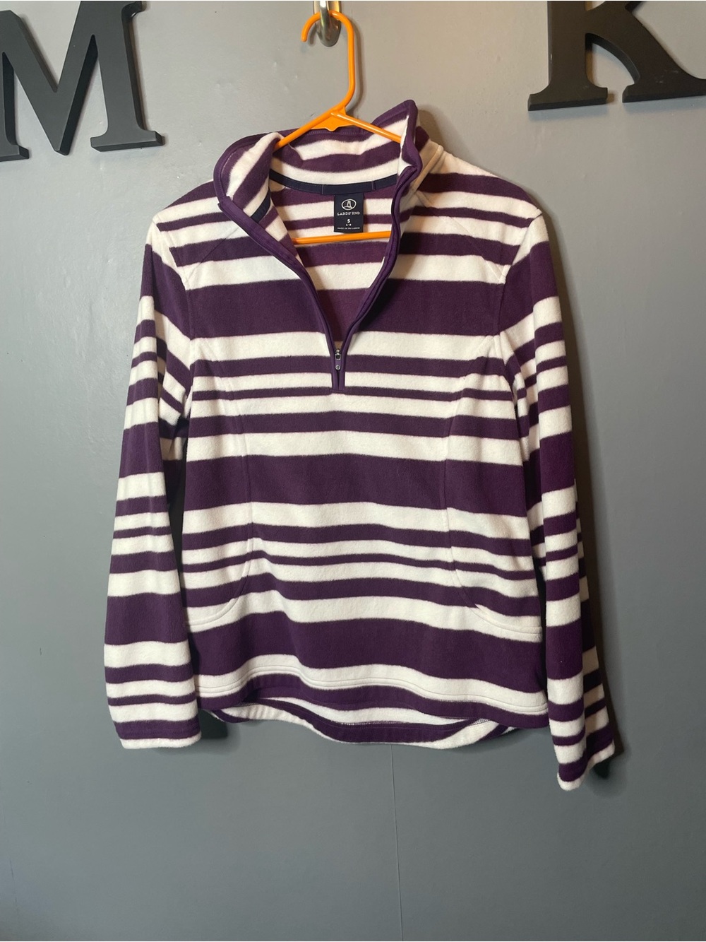 Lands' End Purple and White Striped Fleece Pullover Quarter Zip size small